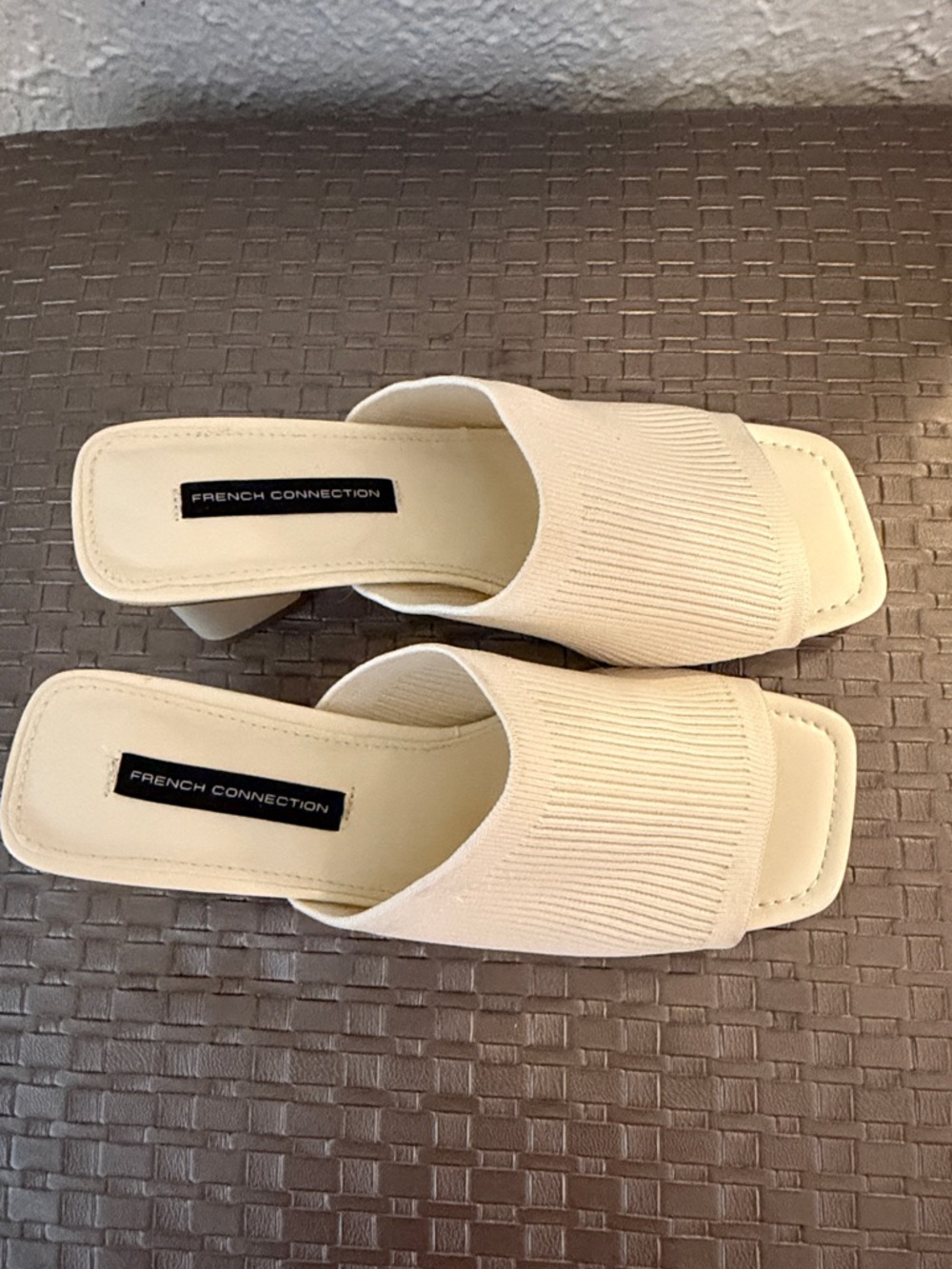 French Connection Beige Ribbed Open-Toe Block Heel Mules - Picture 4 of 4